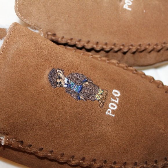 NIB POLO RALPH LAUREN MEN'S SUEDE FUR LINED‎ BEAR BROWN SLIP ON SLIPPERS - Picture 2 of 7